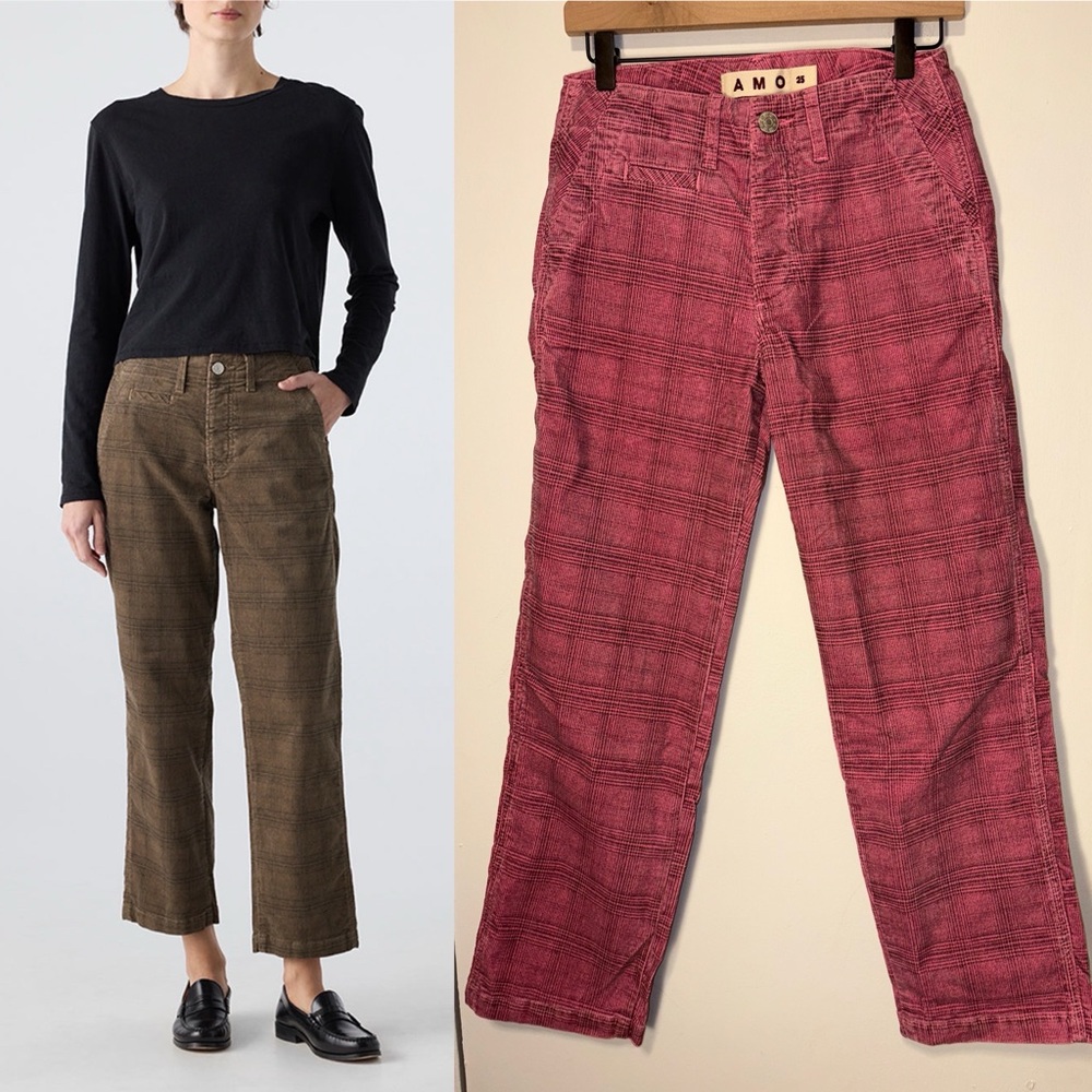 NEW AMO Lillian Crop Chino Rose PINK Plaid Corduroy Pants Size‎ 25